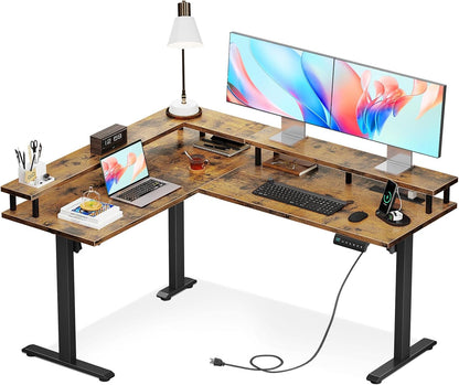 Electric L Shaped Standing Desk, 59 Inch Height Adjustable Stand up Desk with Power Outlets ＆ Full Monitor Stand, Reversible Corner Desk for Home Office ＆ Computer Workstation, Rustic Brown-0