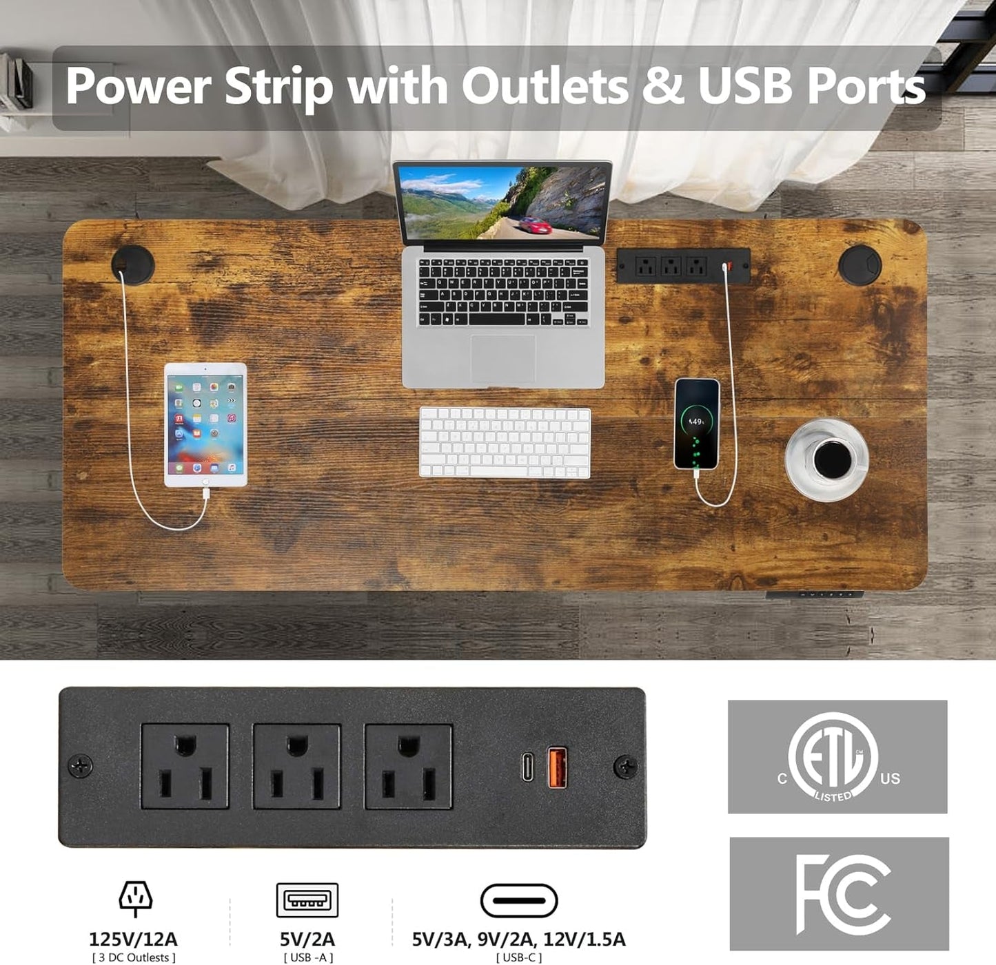 Electric Standing Desk 55 X 24In with Charging Station, Stand up Desk with Oversized Mouse Pad, 2 USB Ports & 3 Power Outlets, 4 Caster, 4 Preset Heights Easy to Set（Brown）-3