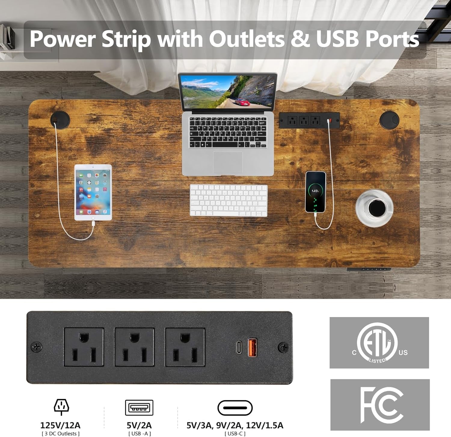 Electric Standing Desk 55 X 24In with Charging Station, Stand up Desk with Oversized Mouse Pad, 2 USB Ports & 3 Power Outlets, 4 Caster, 4 Preset Heights Easy to Set（Brown）-3