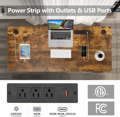 Electric Standing Desk 55 X 24In with Charging Station, Stand up Desk with Oversized Mouse Pad, 2 USB Ports & 3 Power Outlets, 4 Caster, 4 Preset Heights Easy to Set（Brown）-3
