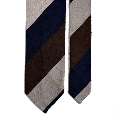 Navy Blue / Silver / Brown Block Stripe Untipped Silk Shantung Tie-2