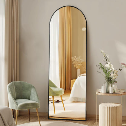 Arched Full Length Mirror with Stand 64"X21" Floor Standing Aluminum Frame for Bedroom Body Hanging Leaning Modern Simple Home Decor Shatter-Proorf Nano Glass Wall Living Room Cloakroom Black-0