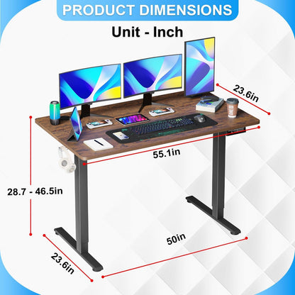 55 Inch Height Adjustable Gaming Desk Electric Standing Desk That Raises up and down Modern Computer Table with Electric Lifting Headphone Hook, Brown-2