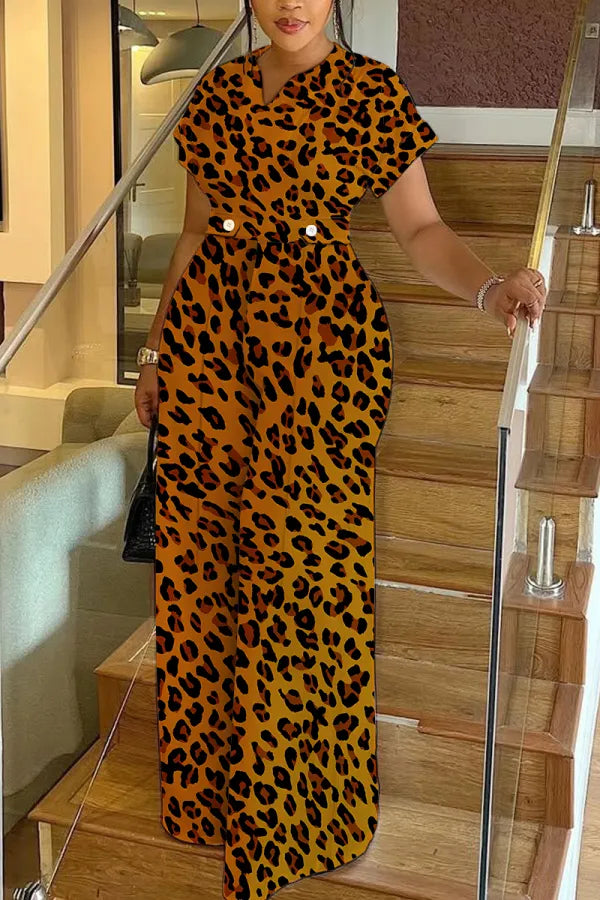 Leopard Print Short Sleeve V Neck Cinch Waist Pocket Vacation Casual Wide Leg Jumpsuits