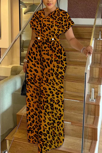 Leopard Print Short Sleeve V Neck Cinch Waist Pocket Vacation Casual Wide Leg Jumpsuits