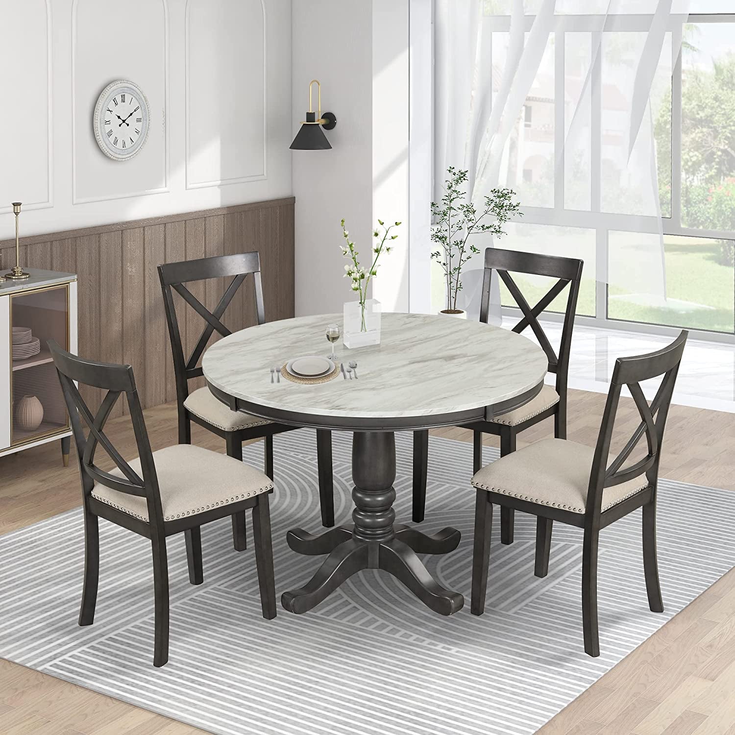 Wood 5-Piece round Dining Table Set with Cushioned Chairs-1