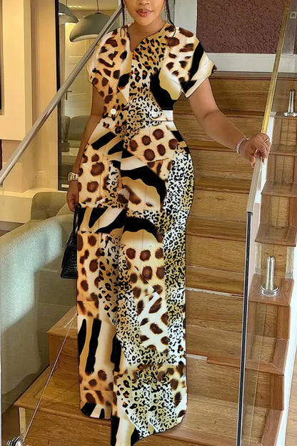 Leopard Print Short Sleeve V Neck Cinch Waist Pocket Vacation Casual Wide Leg Jumpsuits