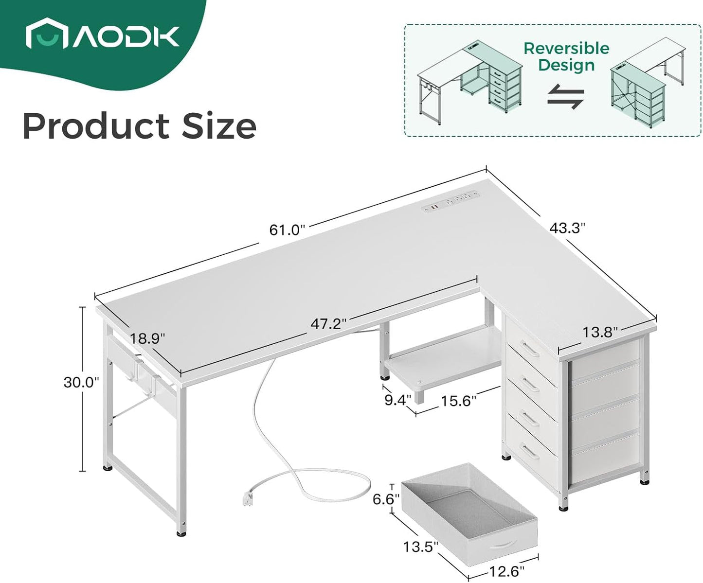 L Shaped Desk with 4 Tier Drawers, 61" Reversible Gaming Desk with Power Outlets, L Shaped Computer Desk with USB Charging Port and Host Stand, Home Office Corner Desk, Easy to Assemble, White-2