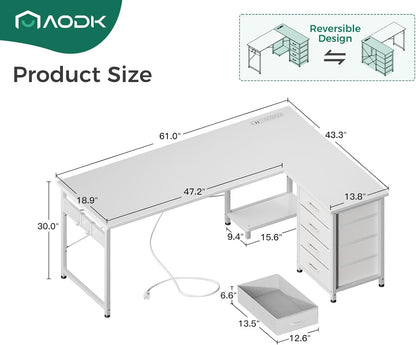 L Shaped Desk with 4 Tier Drawers, 61" Reversible Gaming Desk with Power Outlets, L Shaped Computer Desk with USB Charging Port and Host Stand, Home Office Corner Desk, Easy to Assemble, White-2