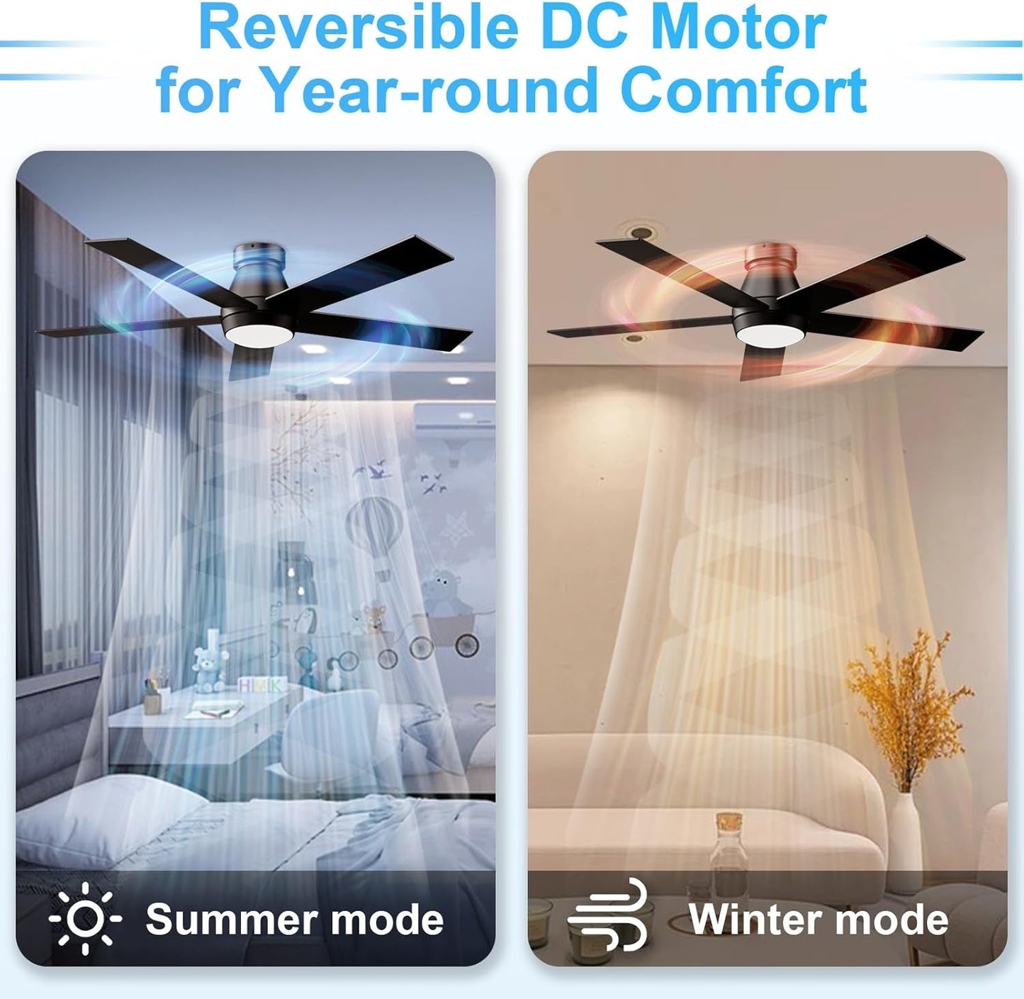 52" Ceiling Fan with Lights, Black Flush Mount Ceiling Fans, 5 Blades Low Profile Ceiling Fans, 6 Speeds DC Reversible, Dimmable, Modern Ceiling Fans for Bedroom, Living Room and Garage-4
