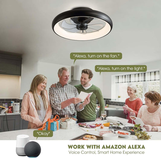 Ceiling Fans with Lights, Flush Mount Ceiling Fan with Alexa/Google Assistant/App Control, Low Profile Ceiling Fan with 6 Wind Speeds, LED Ceiling Fan for Bedroom, Kitchen 20“ (Black)-1