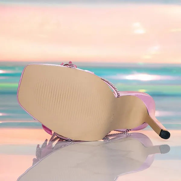 Pink PU Casual Rhinestone Decor Flower Shape Square Out Door Shoes High Heel Sandals