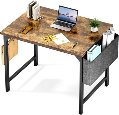 Computer Small Office Desk 32 Inch Student Kids Study Writing Work with Headphone Hooks & Storage Bag Modern Simple PC Home Bedroom Table - Rustic Brown-0