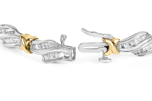 10k Two-Toned Gold 2.00 Cttw Channel Set Baguette-Diamond Weave and  "X" Spiral Link Bracelet (H-I Color, I1-I2 Clarity) - 7"-1