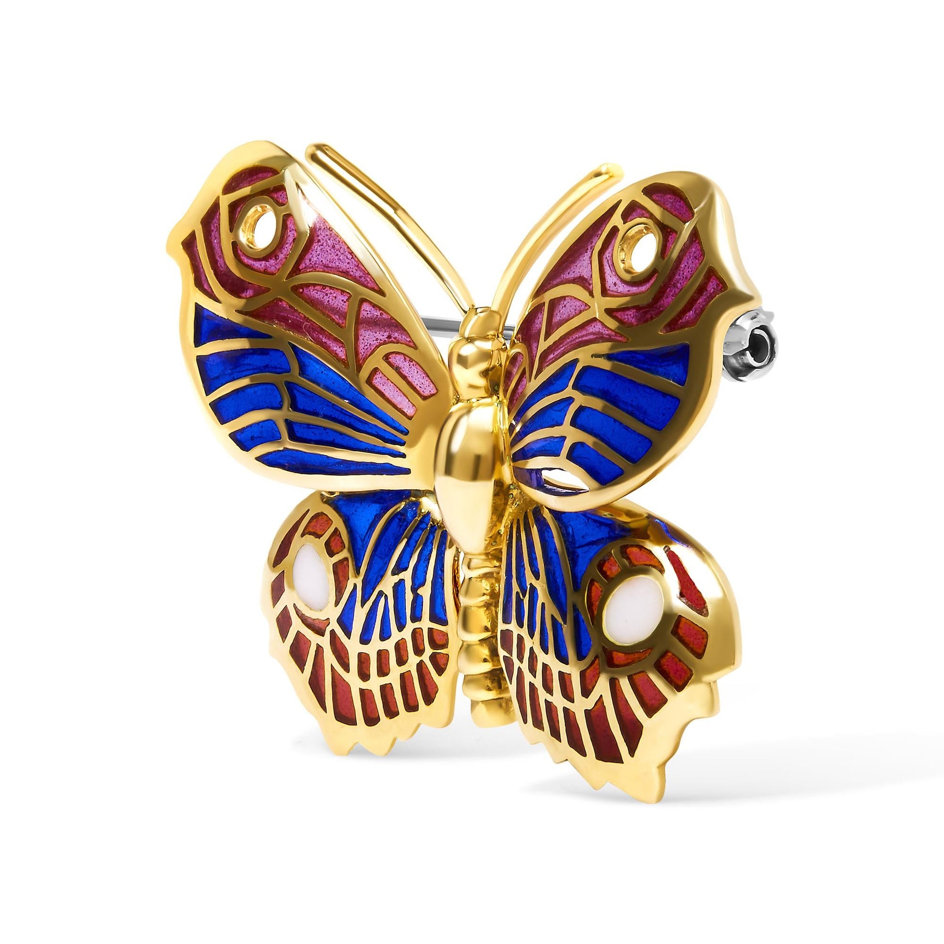 18K Yellow Gold Red, Blue, and White Enameled Butterfly Brooch Pin-1