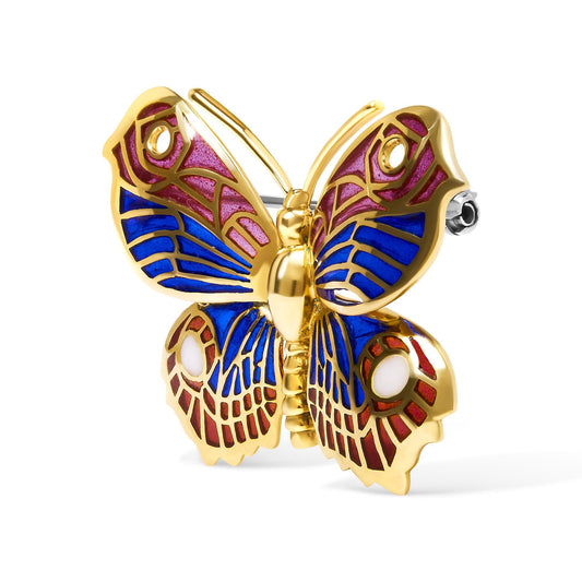 18K Yellow Gold Red, Blue, and White Enameled Butterfly Brooch Pin-1