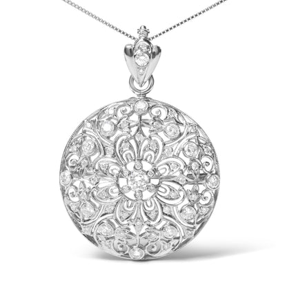 18K White Gold 1 5/6 Cttw Diamond Cluster Floral Filigree Brooch Pin and 18" Pendant Necklace (G-H Color, I1-I2 Clarity)-1