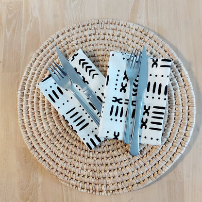 Set of 4 / 8 Napkins | 35x35cm | White Mudcloth Print Napkins-0