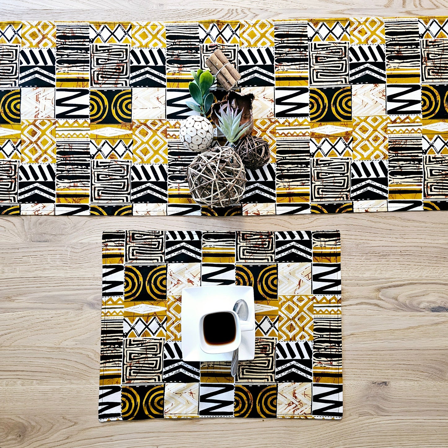 Handmade Table Runner and Set of 8 Placemats | African Print "Mudcloth" Bogolan Inspired Print Made from 100% African Print Fabric-1