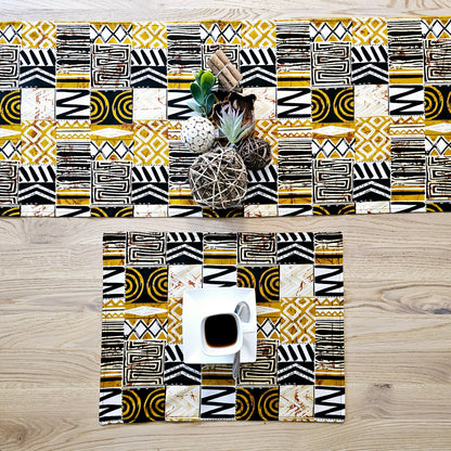 Handmade Table Runner and Set of 8 Placemats | African Print "Mudcloth" Bogolan Inspired Print Made from 100% African Print Fabric-1