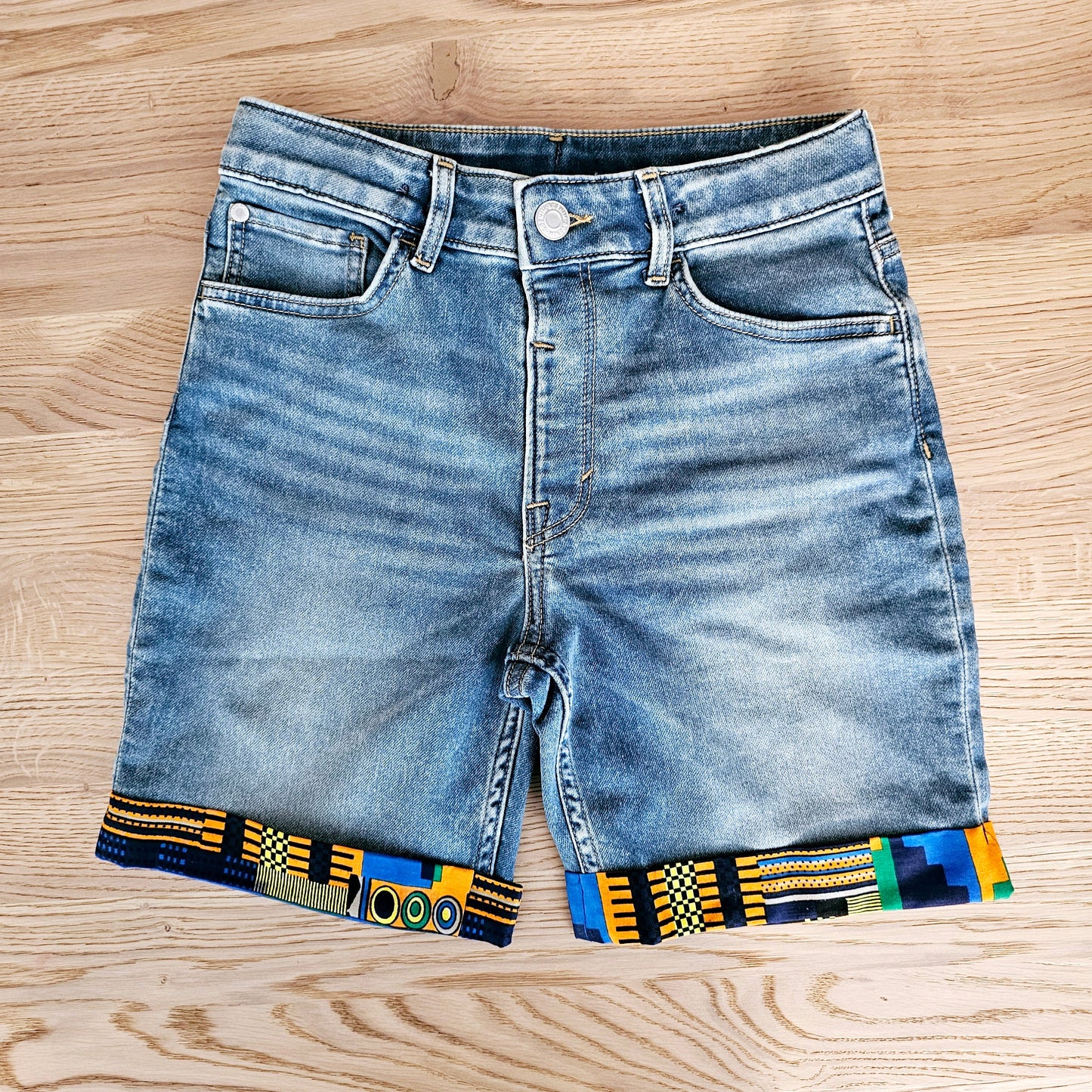 Unisex Denim Shorts with African Print Detail-0