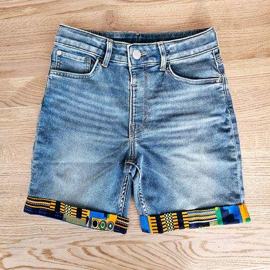 Unisex Denim Shorts with African Print Detail-0