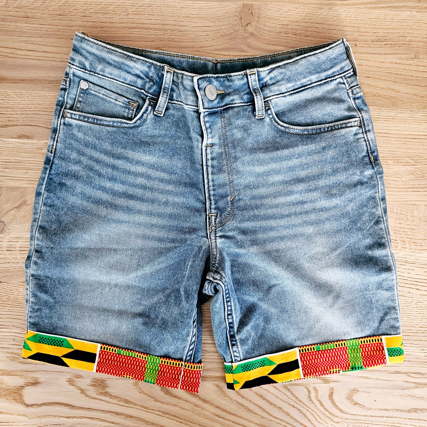 Unisex Denim Shorts with African Print Detail-0