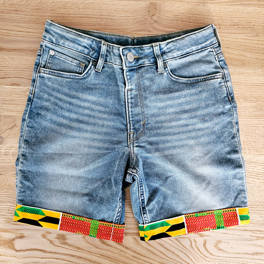 Unisex Denim Shorts with African Print Detail-0