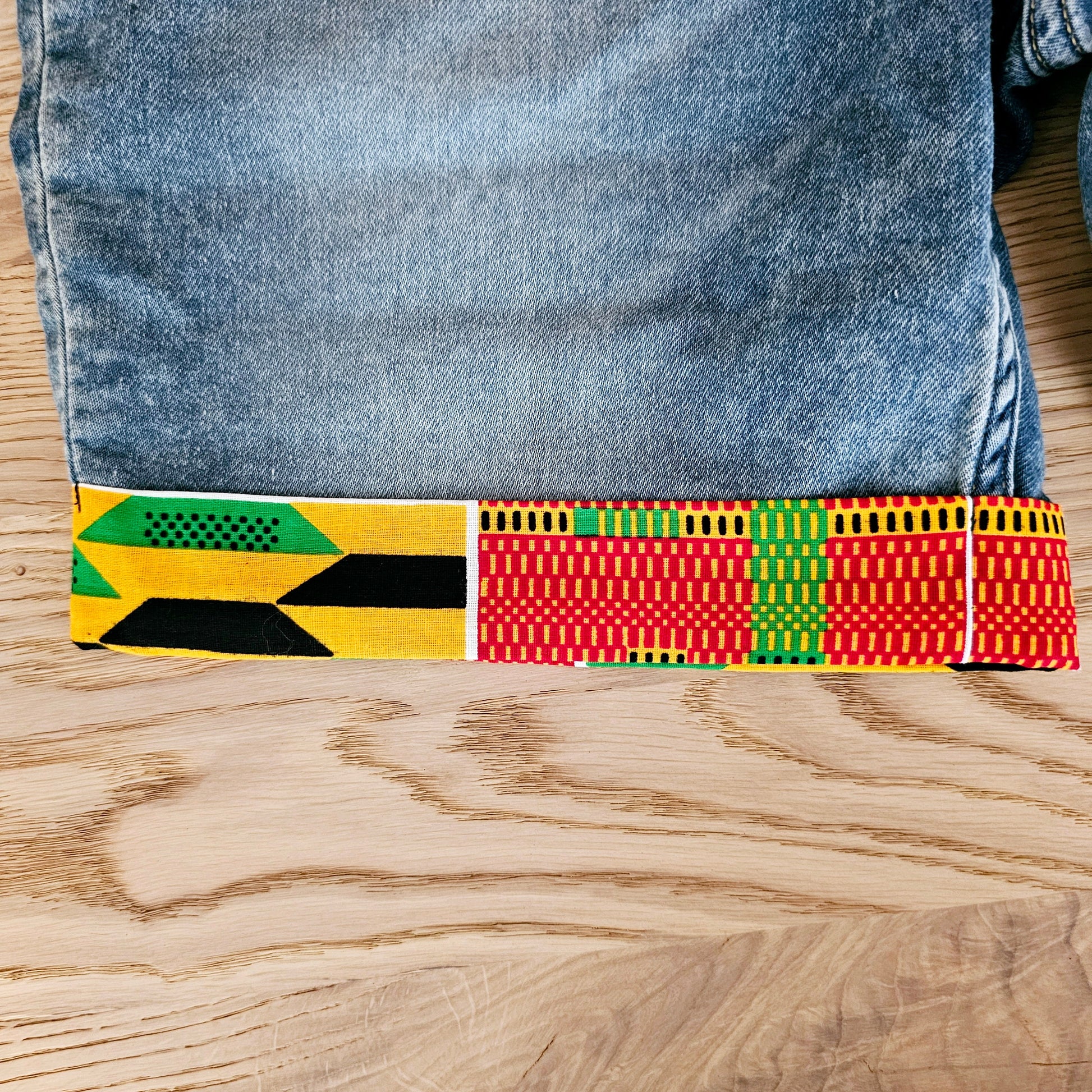 Unisex Denim Shorts with African Print Detail-4