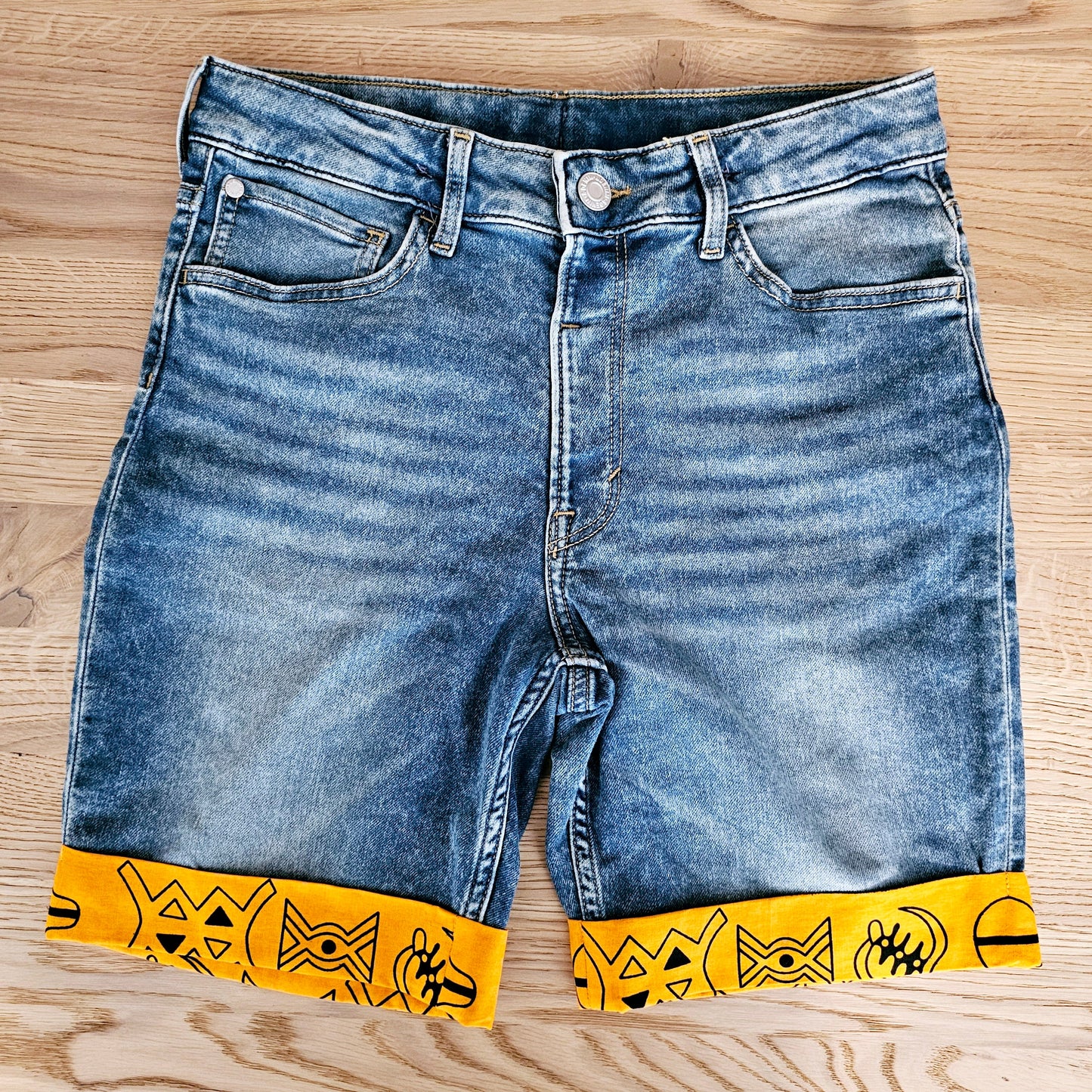 Unisex Denim Shorts with African Print Detail-0