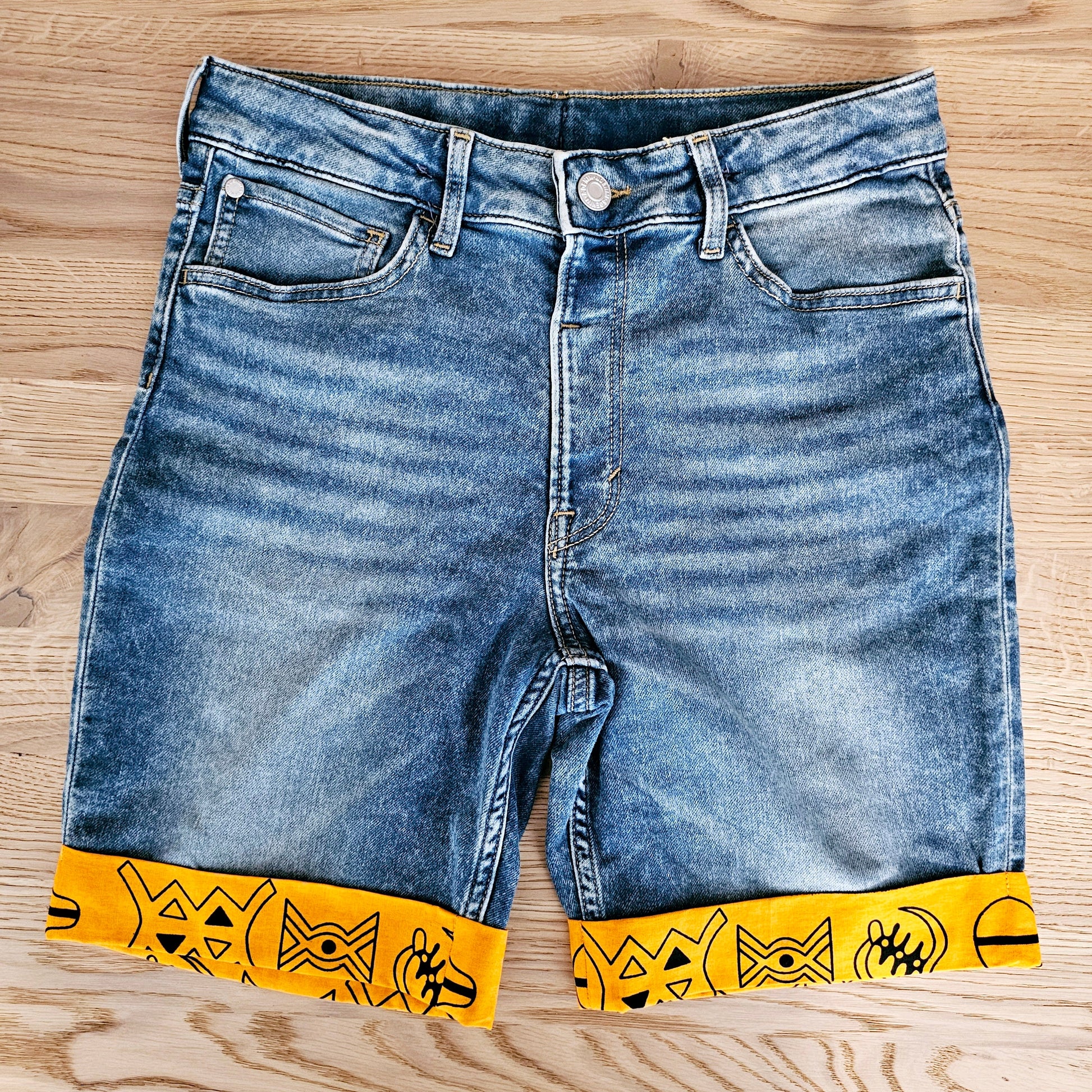 Unisex Denim Shorts with African Print Detail-0