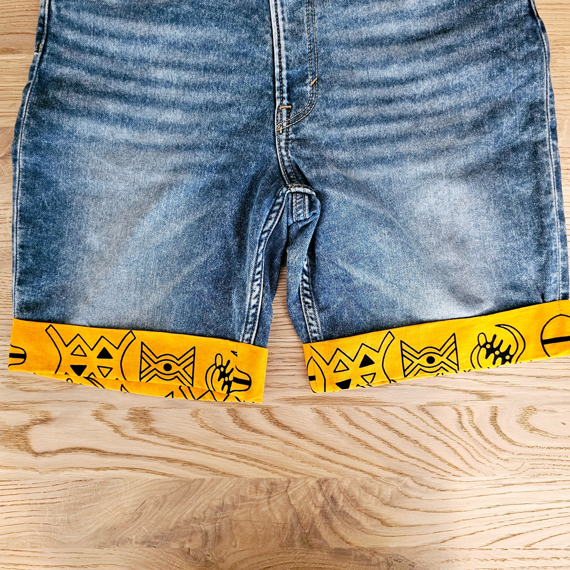 Unisex Denim Shorts with African Print Detail-4