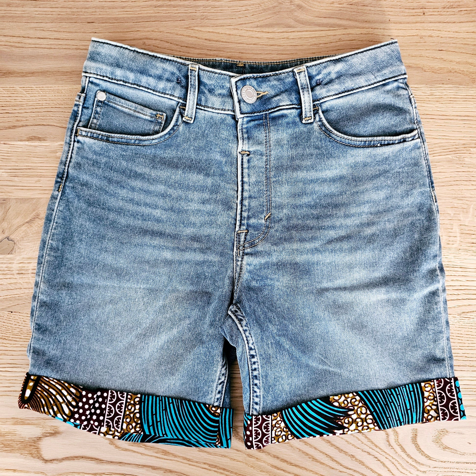 Unisex Denim Shorts with African Print Detail.-0