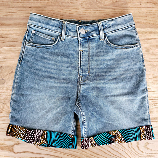 Unisex Denim Shorts with African Print Detail.-0