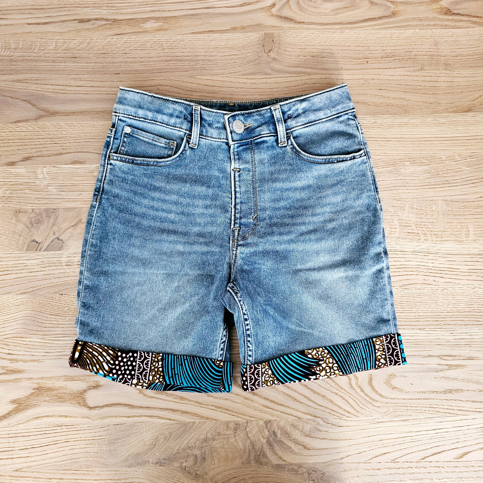 Unisex Denim Shorts with African Print Detail.-1