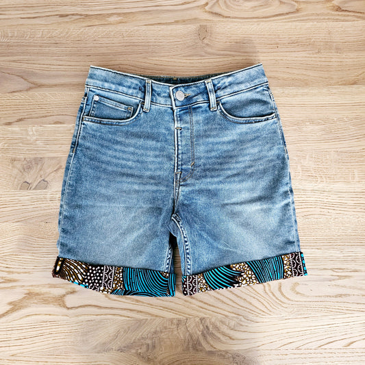 Unisex Denim Shorts with African Print Detail.-1