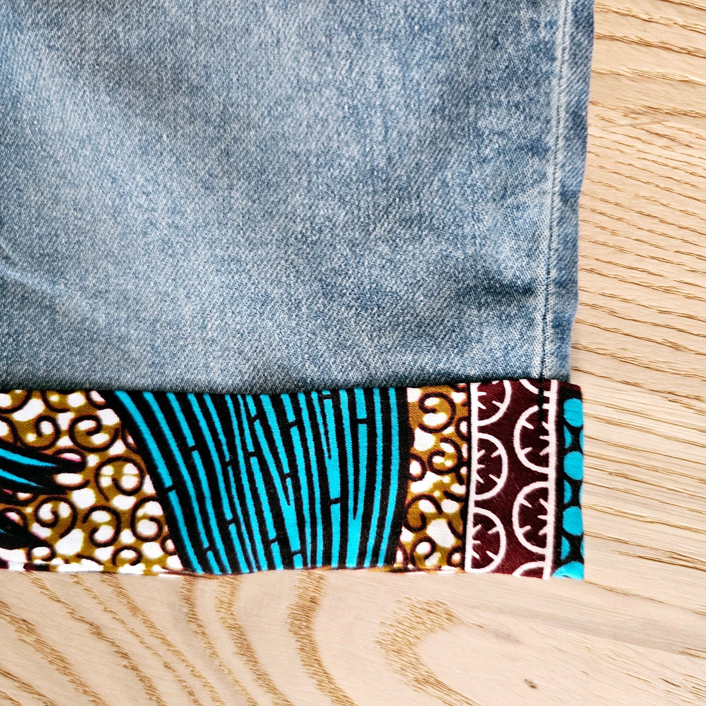 Unisex Denim Shorts with African Print Detail.-3