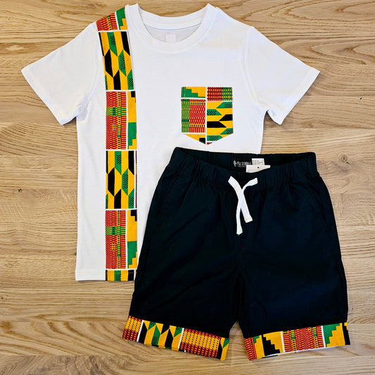 T-shirt and Cotton Pull Up Shorts Set with African Print Detail..-0