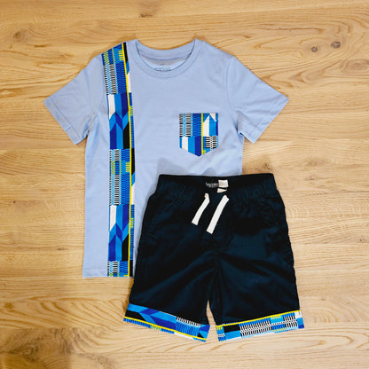 T-shirt and Cotton Pull Up Shorts Set with African Print Detail.-0