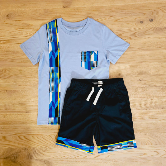 T-shirt and Cotton Pull Up Shorts Set with African Print Detail.-0