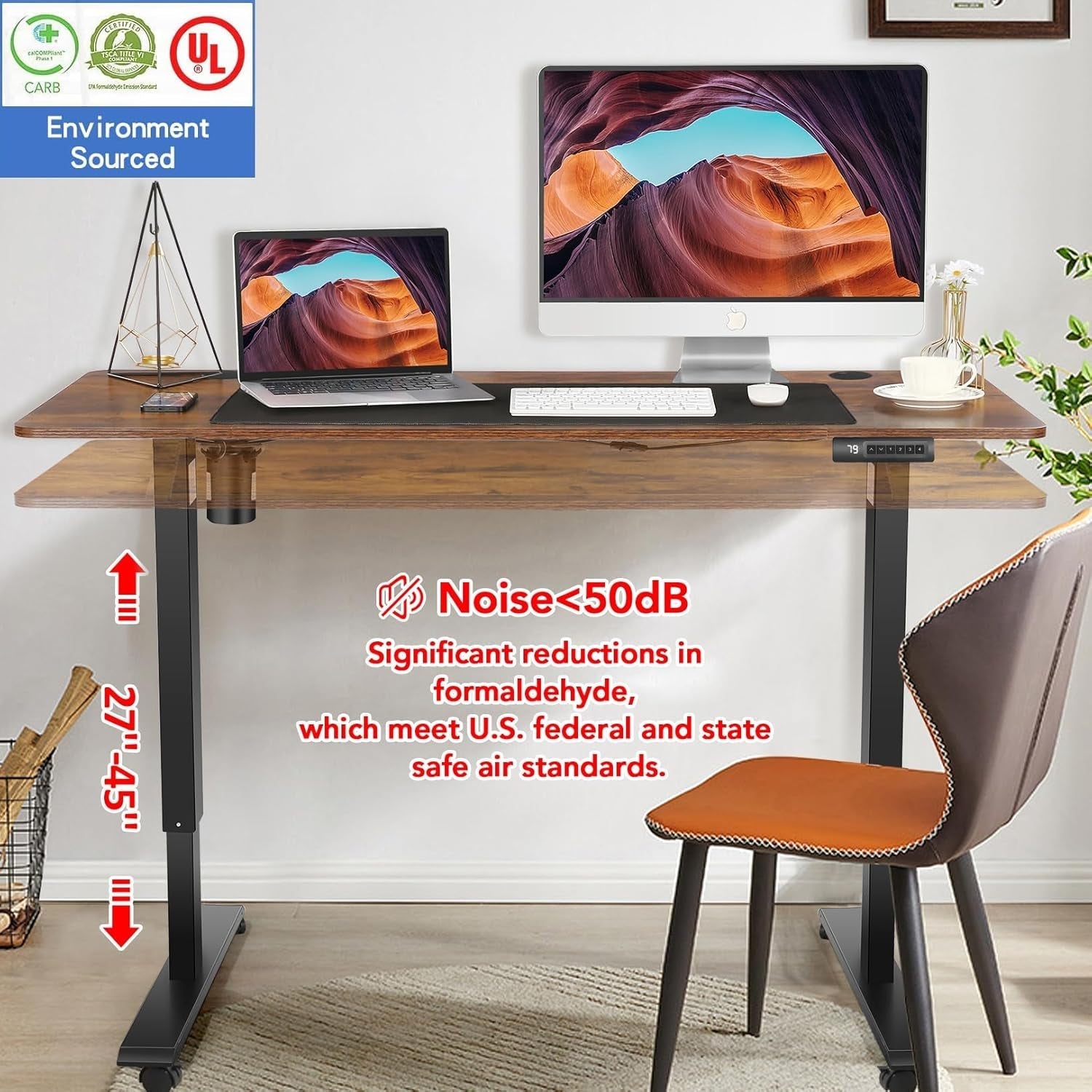 Electric Standing Desk 55 X 24In with Charging Station, Stand up Desk with Oversized Mouse Pad, 2 USB Ports & 3 Power Outlets, 4 Caster, 4 Preset Heights Easy to Set（Brown）-4