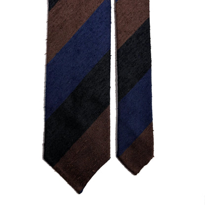 Untipped Blue / Brown Block Stripe Silk Shantung Tie-3