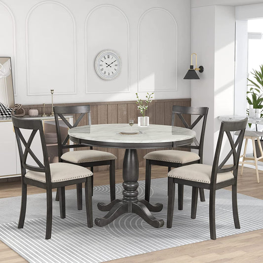 Wood 5-Piece round Dining Table Set with Cushioned Chairs-0