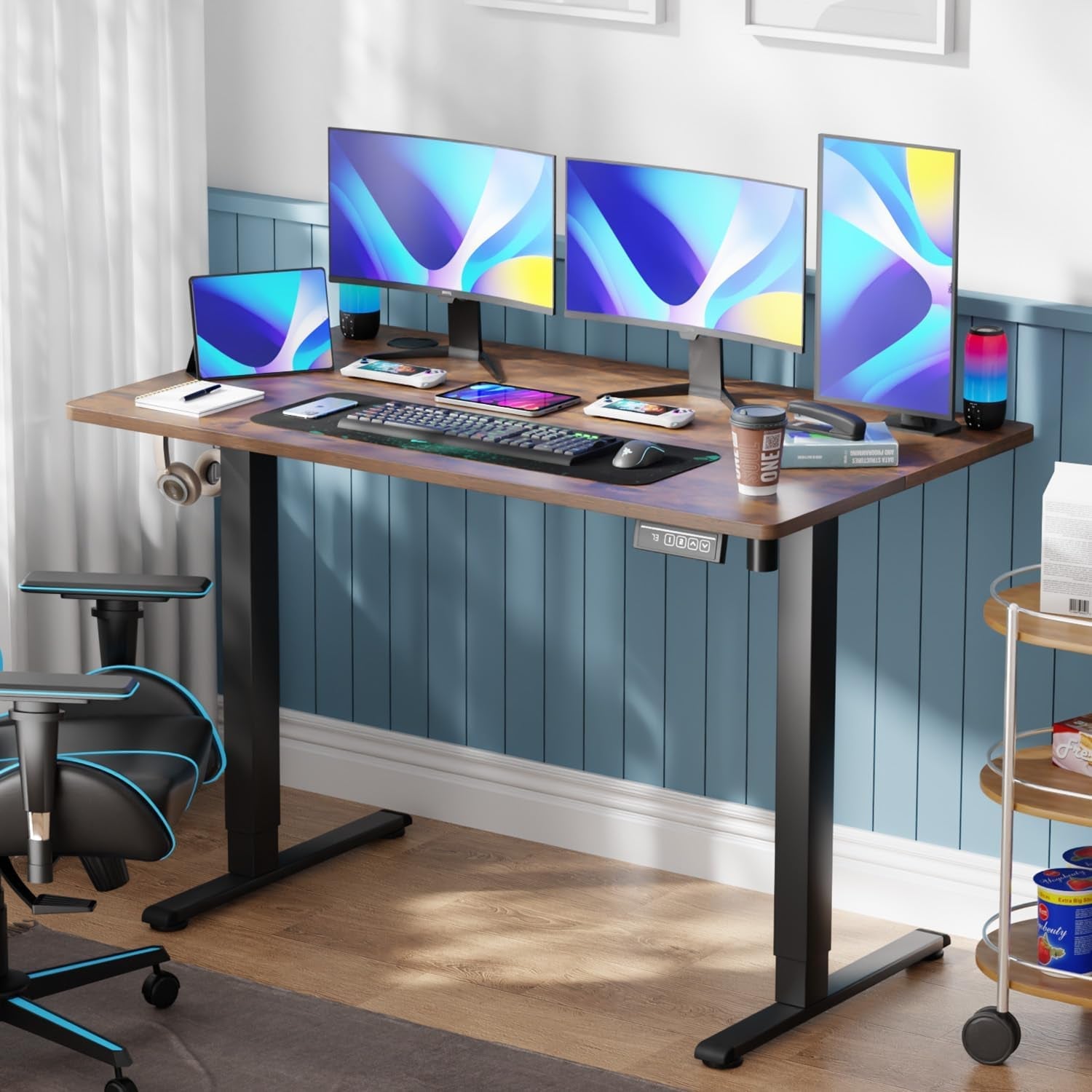 55 Inch Height Adjustable Gaming Desk Electric Standing Desk That Raises up and down Modern Computer Table with Electric Lifting Headphone Hook, Brown-1