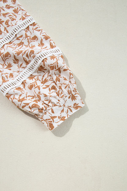 Khaki Printed Lace Detail Floral Puff Sleeve Fall Shirt