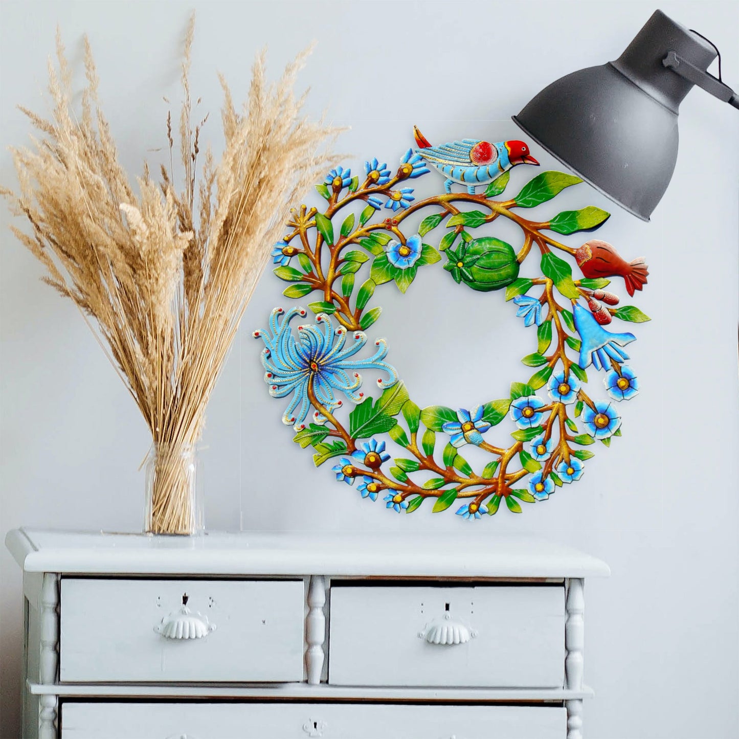 BLUE BIRD DOOR WREATH HAITIAN METAL DRUM WALL ART