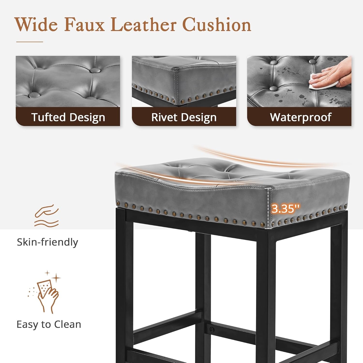 Bar Stools Set of 2, 24 Inch Saddle Backless Faux Leather Counter Height Stools with Black Metal Legs, Dark Gray-4