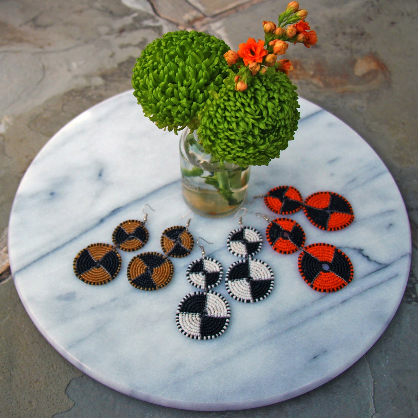 MAASAI BEAD DOUBLE CIRCLE DANGLE EARRINGS, GOLD AND BLACK