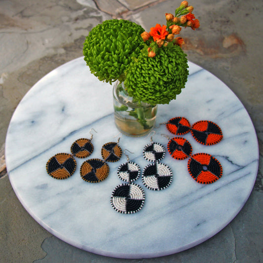 MAASAI BEAD DOUBLE CIRCLE DANGLE EARRINGS, GOLD AND BLACK