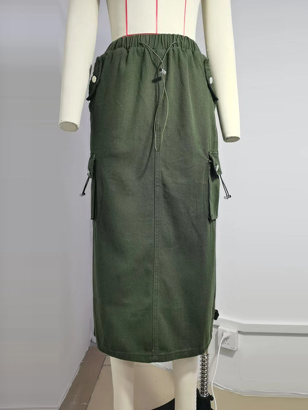 A-Line Buttoned Drawstring Pockets Solid Color Split-Joint Skirts Bottoms